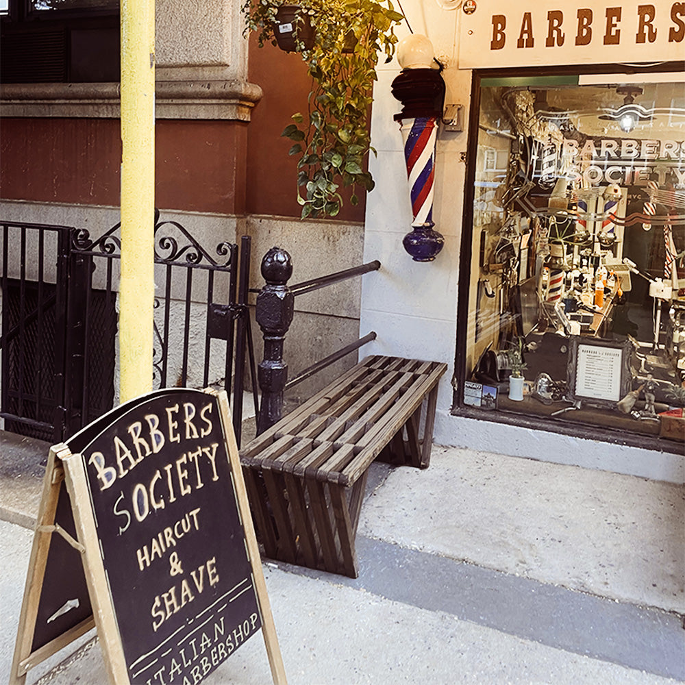 Backless Solid Wood Small Bench Modern Design made in USA at barber shop in NYC